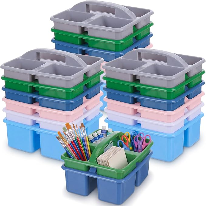 Geelin 24 Pack Classroom Caddy Bulk, Plastic Storage Caddy with Handle and 3 Compartments, Stackable Art Supply Caddies Organizer(Morandi)