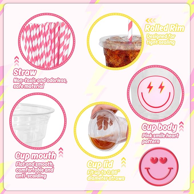 FYSUIMU 50Pcs Preppy Pink Smile Disposable Plastic Cups with Lids and Straws Lightning Smile Heart Checkered Cold Beverage Drinking Cups for Birthday Baby Shower Wedding