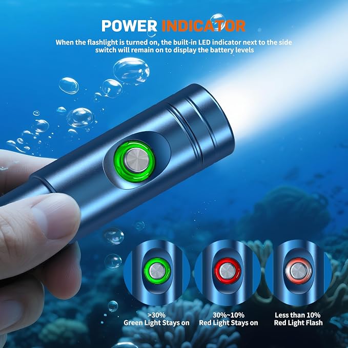 WD12 Dive Light - 1400 Lumens Compact Scuba Diving Backup Light with 3 Modes, IP68 Waterproof Submersible Torch, Underwater Snorkeling Flashlight with Push Button