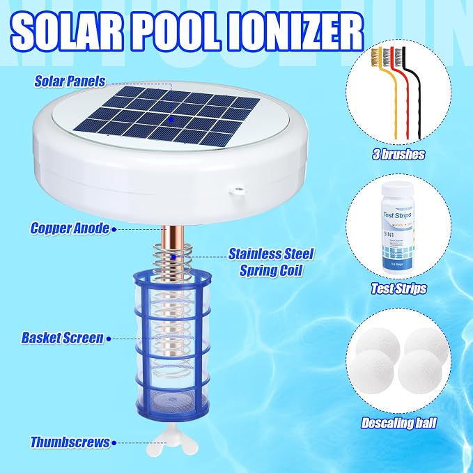 Qualirey Solar Pool Ionizer Automatic Floating Pool Cleaner, Water Ionizer with 4 Pcs Scum Collection Ball, for Above Ground and Inground Pools, up to 35, 000 Gallons(White,7.9 Inch)