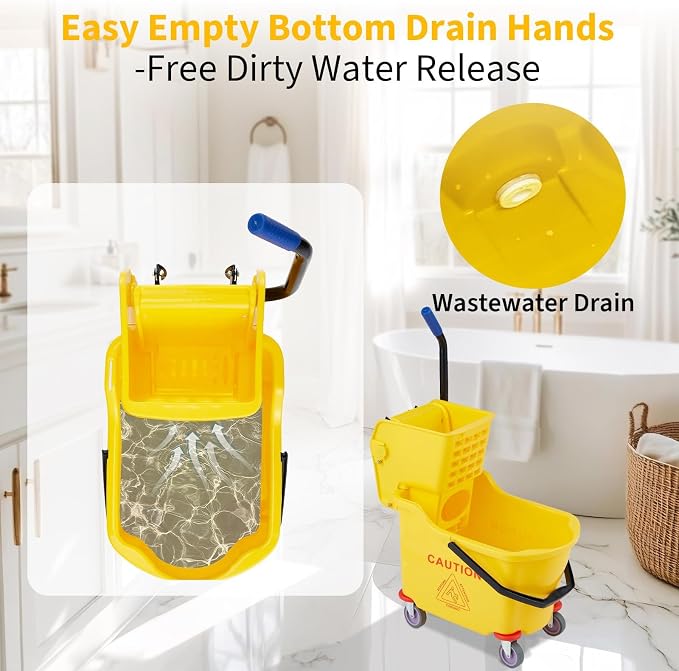 Commercial Mop Bucket with Wheels and Side Press Wringer, 35 Quart Large Capacity Floor Cleaning System for Janitorial, Kitchen, Restaurant, Office & Industrial Use, Yellow