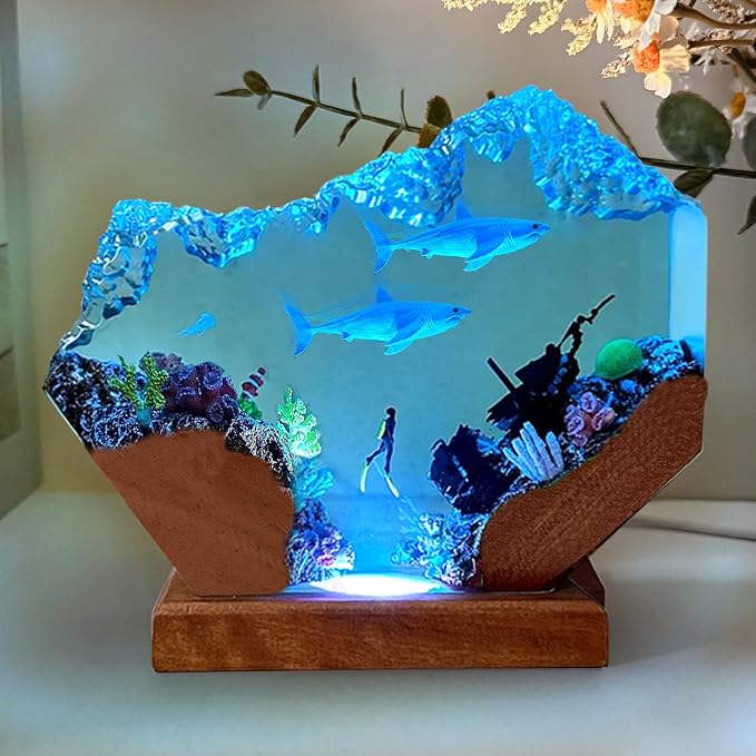 Scuba Diver and Shark Ocean Resin Lamp, Handmade Resin Night Light for Home Office Decor, Multi-Color LED Light with USB Port, Scuba Diver Gifts for Birthday, Shark Gifts for Women and Men (6"x4")