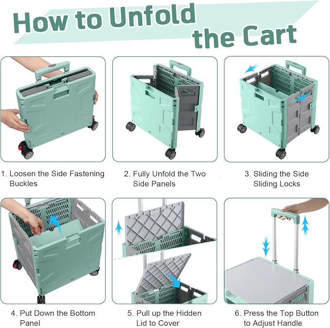 FELICON Folding Utility Cart Portable Rolling Crate Handcart with Durable Heavy Duty Plastic Telescoping Handle Collapsible Hidden Lid 4 Rotate Wheels for Travel Shop Move Office Teacher(Green&Gray)
