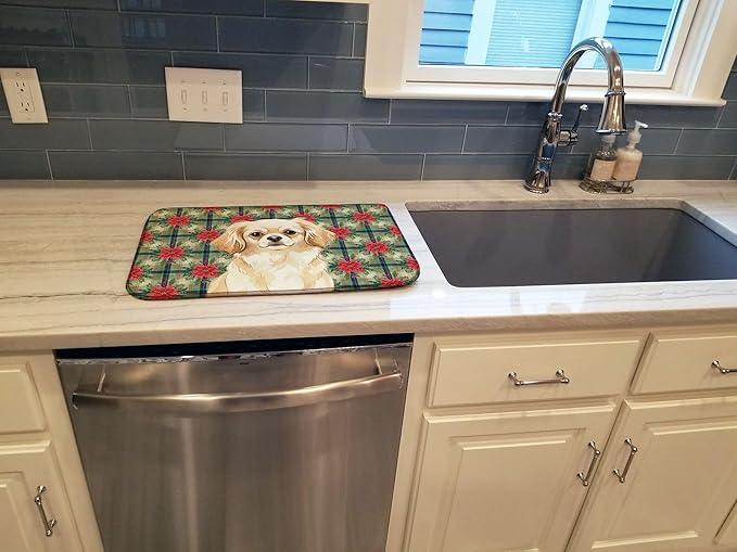 Caroline's Treasures Cream Tibetan Spaniel Christmas PoinsettIas Dish Drying Mat Absorbent Dish Drying Mat Pad for Kitchen Counter Dish Drainer Mat for Countertop, 14 x 21", Multicolor