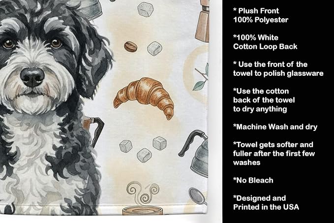 Caroline's Treasures Portuguese Water Dog Coffee Bar Kitchen Towel Velour Plush Front and Cotton Loop Back Machine Washable
