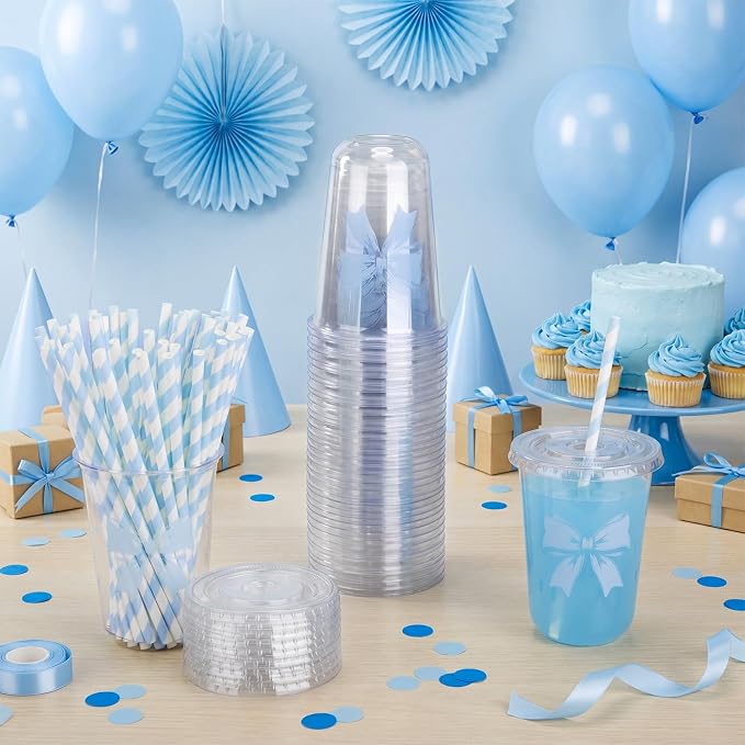 LemonRoad 50sets 16oz Blue Bow Cups Birthday Party Decorations Supplies Cute Plasic Cups Disposable with Lids and Straws for Valentines Galentines Day Christmas Wedding Baby Shower Decorations