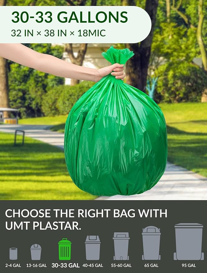 UMT Plastar 200 Count Compostable Trash Bags 30-33 Gallon, 32 x 38 Inch Biodegradable Garbage Bags 18 Micron, Green Eco Friendly Kitchen & Household Trash Bags