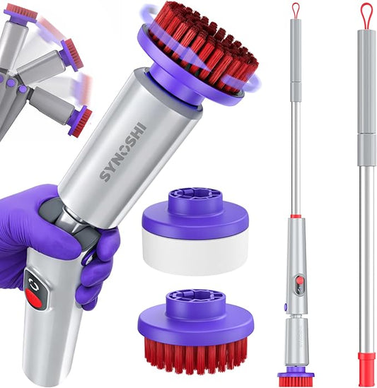 Synoshi PRO Electric Spin Scrubber with Long Handle – Cordless Shower Scrubber, Bathroom Cleaning Brush, Electric Scrubber for Cleaning Shower, Tub & Floor, Adjustable Angles, 2 Speeds Power Scrubber