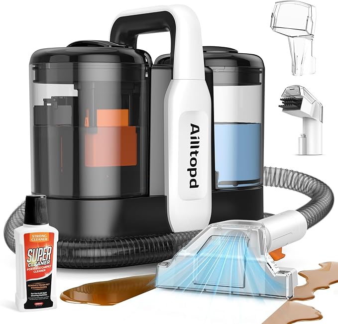 Ailltopd Portable Spot Cleaner Machine for Carpet and Upholstery, 15Kpa Handheld Spot Cleaner & Carpet Extractor for Pet, Car, Stars, Couch, Furniture, with Dual BrushHeads and Carpet Cleaner Solution