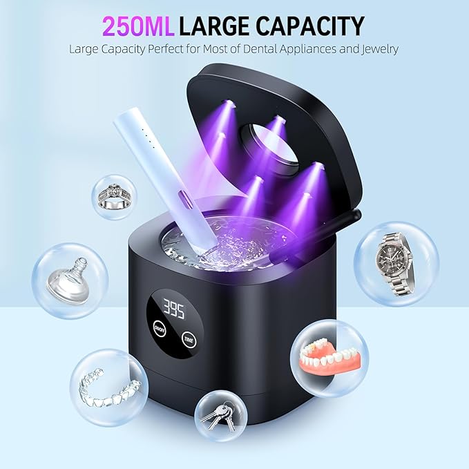 TEBAL Ultrasonic Retainer Cleaner Machine, 52kHz Ultrasonic Denture Cleaner for Mouth Guards, Braces, Toothbrush Heads, Jewelry, Dental Ultrasonic Cleaner with 250ML Capacity & Cleaning Brush, Black
