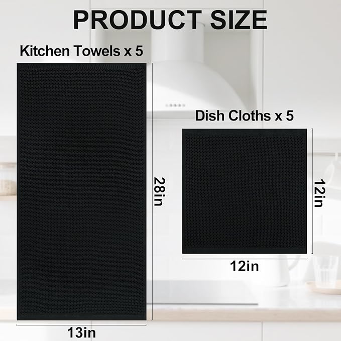 Homaxy 100% Cotton Kitchen Towels and Dishcloths Set, 12 x 12 Inches and 13 x 28 Inches, Set of 10 Bulk Kitchen Towels Set, Ultra Soft Absorbent Dish Cloths for Washing Dishes, Black