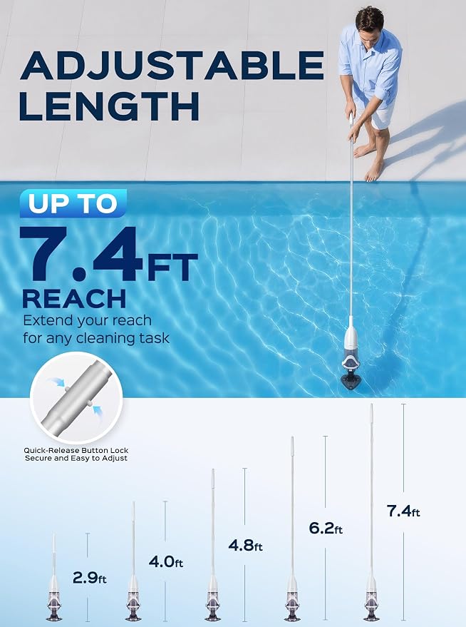 Cordless Handheld Pool Vacuum for Above Ground Pool, Rechargeable Small Pool Vacuum with Telescopic Pole, 60 Min Runtime, 14.1 GPM Suction, for Hot Tub, Spa & Small Pools, White