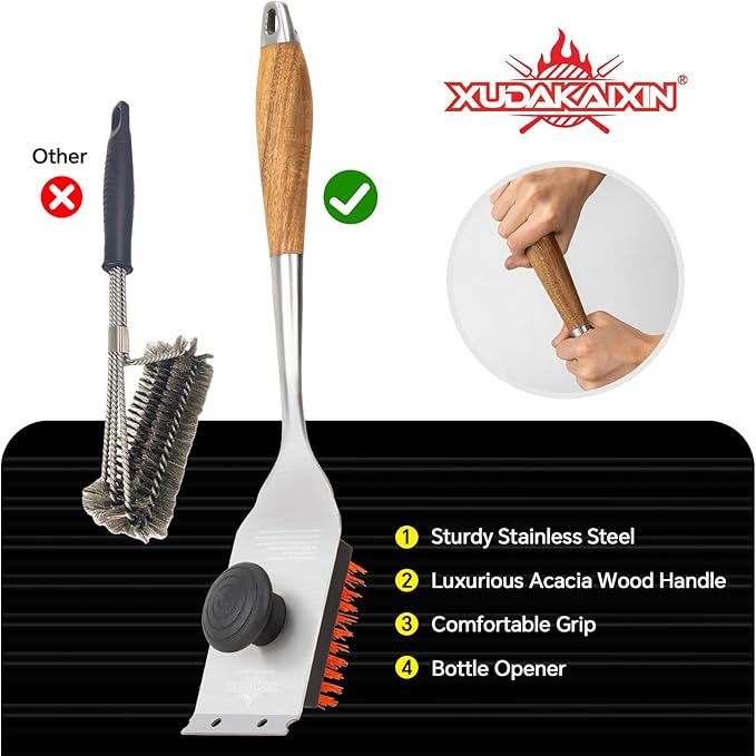 XUDAKAIXIN Nylon Grill Brush, Dual Grip Design, with Extended Luxurious Acacia Wood Handle, Safe Nylon Bristles Barbecue Outdoor Grill Brush for Cooled Grates(Red)