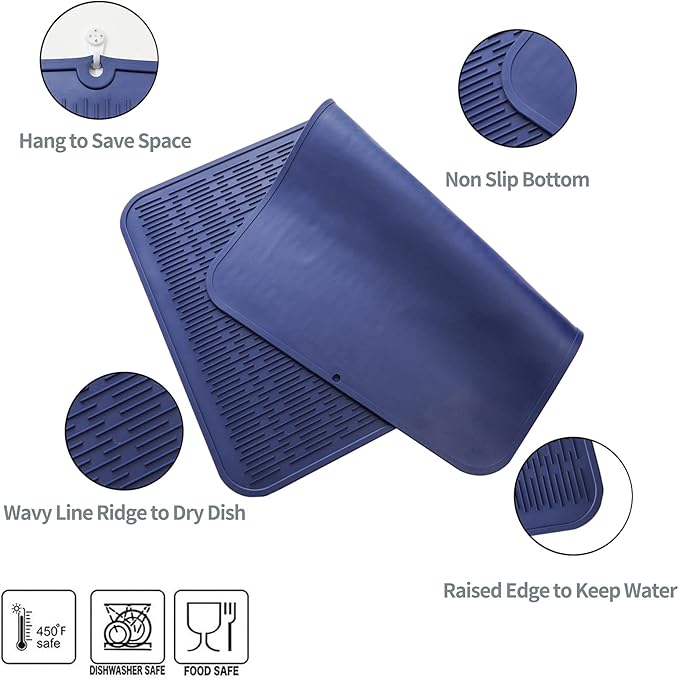 MicoYang Silicone Dish Drying Mat for Multiple Usage,Easy clean,Eco-friendly,Heat-resistant Silicone Mat for Kitchen Counter or Sink,Refrigerator or Drawer Liner Navy Blue 4XL 32 inches x 18 inches