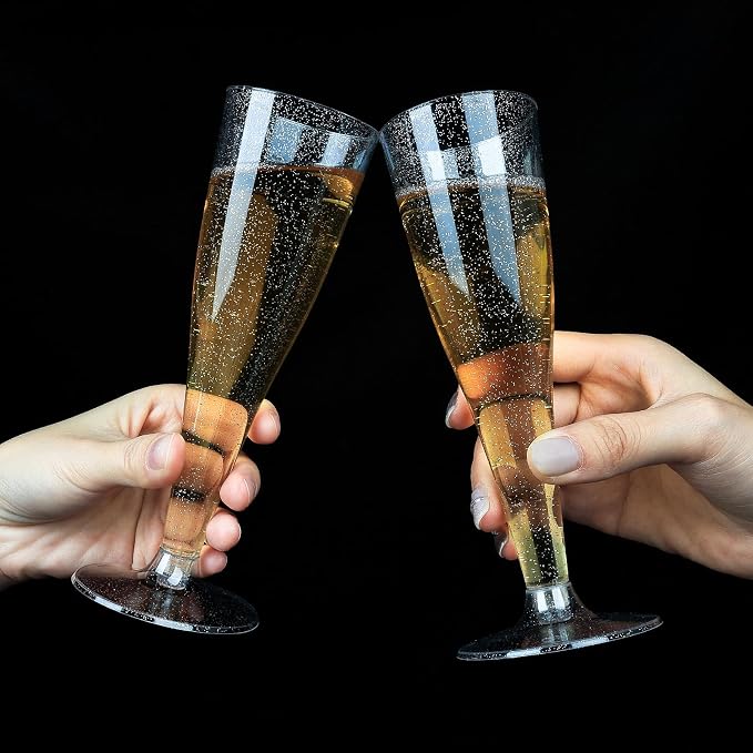 Bestluck 100 Pack Champagne Flutes Plastic, 4.5 oz Silver Glitter Plastic Disposable Stemware, Disposable Champagne Flutes for Party, Mimosa Bar, Wedding, Anniversary and Graduation