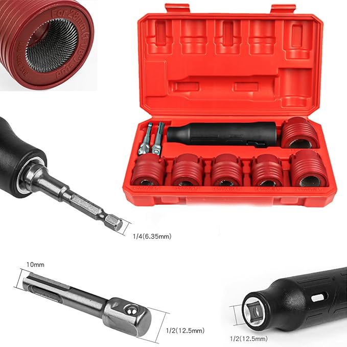 9 Piece Automotive Wheel Stud Cleaner Tool Set for Removing Rust and Debris, Includes 1/4-inch Hex to 1/2-inch Square Adapter to Allow for Use with Drills and Pneumatic Tools
