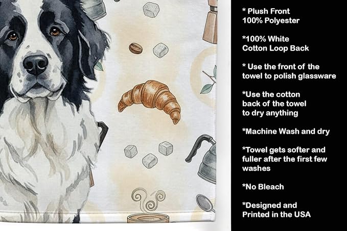 Caroline's Treasures Landseer Newfoundland Coffee Bar Kitchen Towel Velour Plush Front and Cotton Loop Back Machine Washable