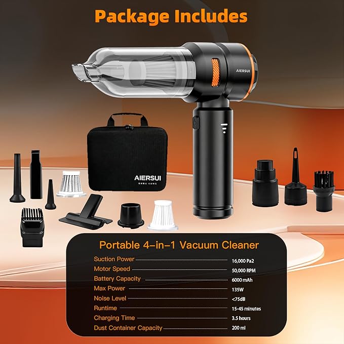 Super-Powered car mini Vacuum Cleaner 80,000RPM, Four-in-one: Blower, Vacuum Cleaner, air Extractor, and Pump. Handheld dust Collector, Handheld dust Blower, Hair Dryer, Cordless (Orange)