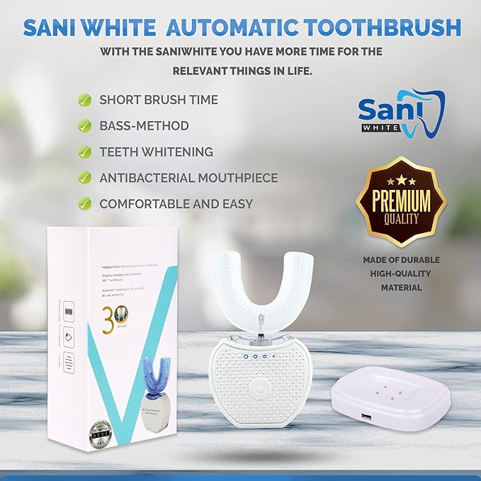 FREEZE2TRIM Sani White Ultrasonic Toothbrush, Ortho Sparkle Sonic Glow Brush, 360 Brite Adult U Shaped Toothbrush Ultrasonic Tooth Cleaner Teeth Whitening Light Electric Automatic Hands Free
