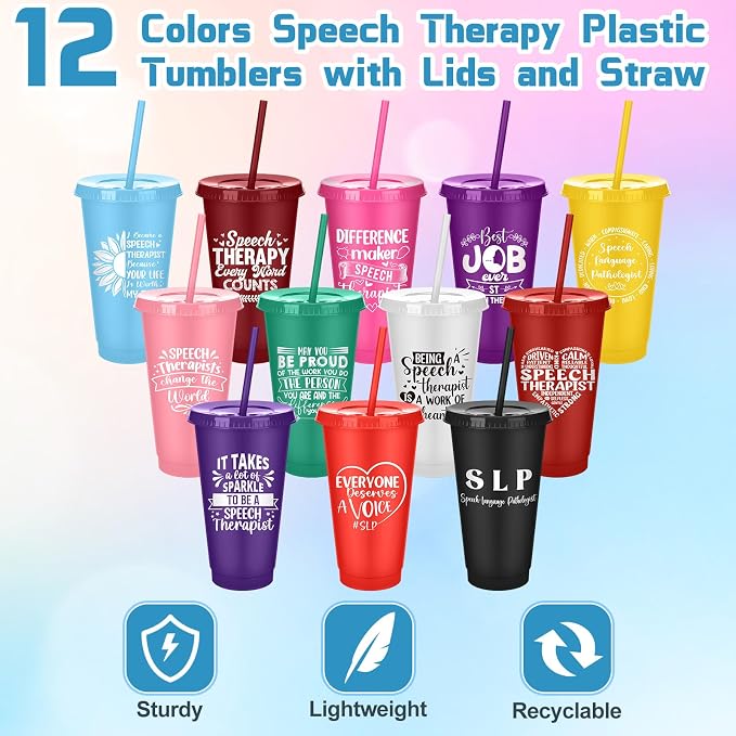 Meanplan 24 Pcs Speech Language Pathologist Gifts Bulk 24 oz Plastic Tumbler with Lids and Straws Slp Thank You Cups Back to School Gifts for Teacher First Day of School Slp Office Supplies