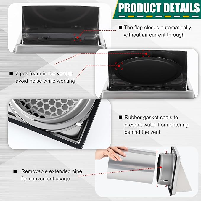 6 Inch Exterior Wall Vent Cover, 304 Stainless Steel Vent Hood with Non Return Flap, Bird Guard Mesh & Sealing Gasket, Outdoor Wall Dryer Exhaust Cover with Extension Tube
