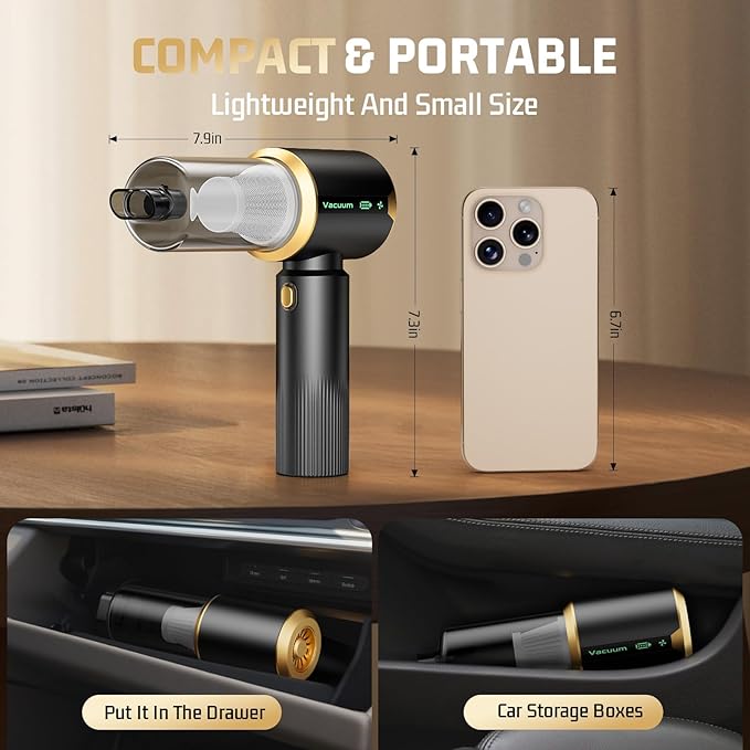 Cordless Car Vacuum Cleaner: Handheld Vacuum with 𝟏𝟔𝟎𝟎𝟎𝐏𝐚 Strong Suction, 𝐁𝐫𝐮𝐬𝐡𝐥𝐞𝐬𝐬 𝐌𝐨𝐭𝐨𝐫 & HEPA Filter, 𝟕-𝐢𝐧-𝟏 Cleaning Kit, Type-C Charging for Home Office Car - Black
