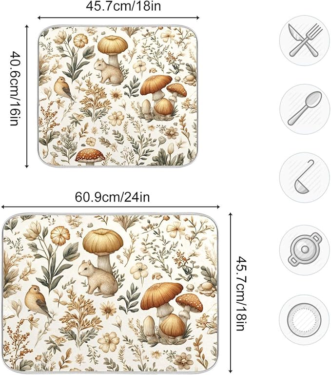 Watercolor Mushrooms Dish Drying Mat Absorbent Kitchen Pads for Counter Kitchen Dish Dryer 18 x 24 Mat under Dish Drainer