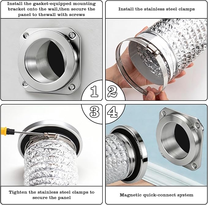 DV180 Magnetic Dryer Vent Coupling, Airtight Seal Dryer Vent Connector Kit, Easy to Clean, Quick Connect/Disconnect, Strong Magnet Self-Alignment, Includes 4" Duct and 2 Clamps