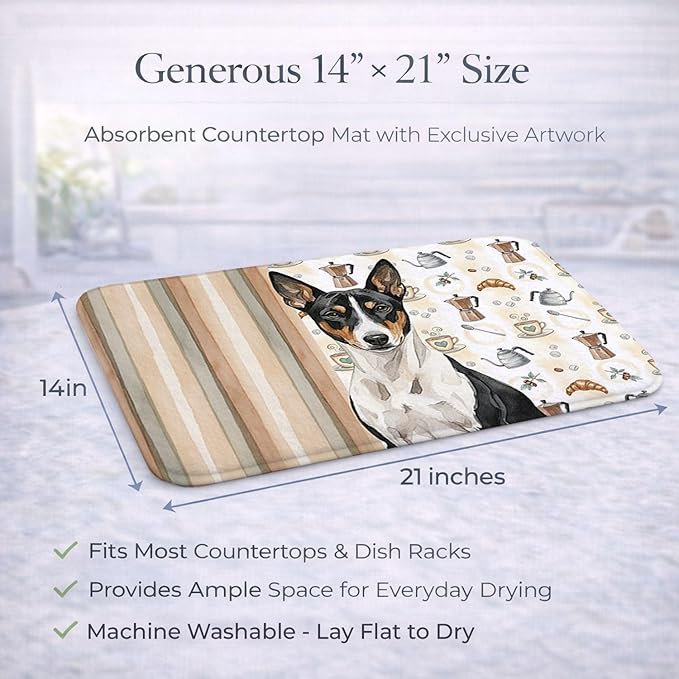 Caroline's Treasures Black and White Basenji Coffee Bar Dish Drying Mat Absorbent Dish Drying Mat Pad for Kitchen Counter Dish Drainer Mat for Countertop, 14 x 21", Multicolor