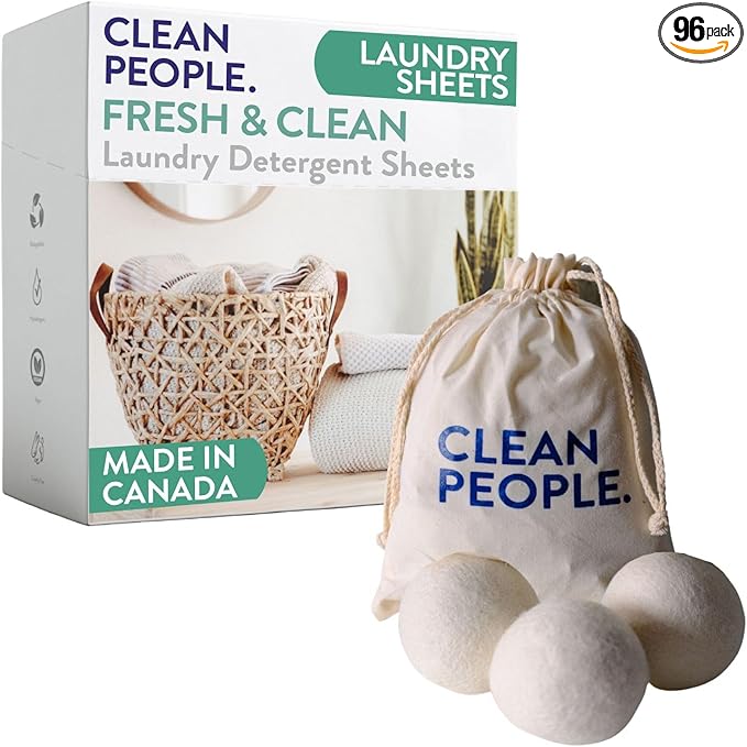 Clean People Ultra Concentrated Laundry Detergent Strips Fresh Scent & 100% New Zealand Wool Dryer Balls - 3 Pack - Plant-Based, Eco Friendly Laundry Detergent 96ct & Dryer Balls 3 Pack