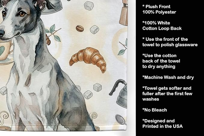Caroline's Treasures Black and White Greyhound Coffee Bar Kitchen Towel Velour Plush Front and Cotton Loop Back Machine Washable