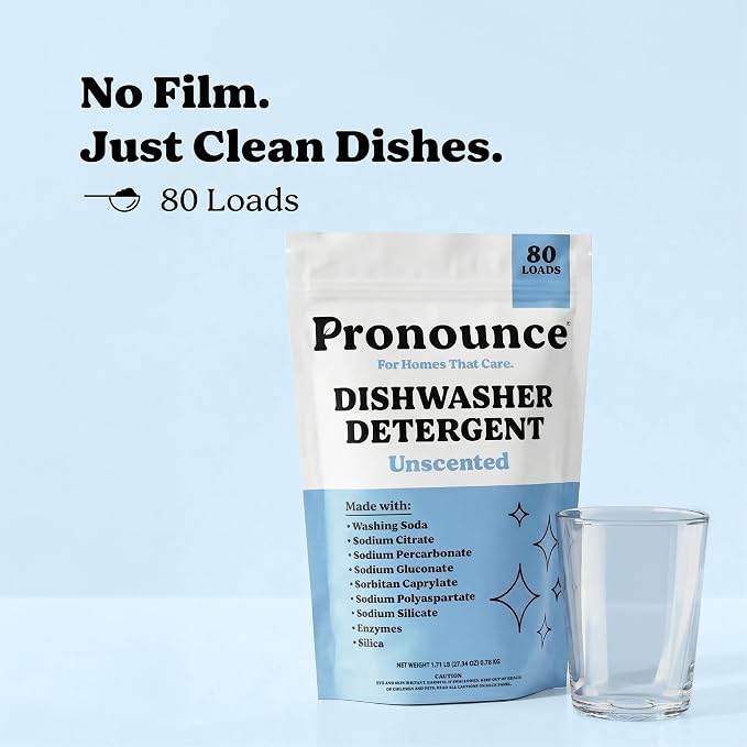 Pronounce Dishwasher Detergent Powder - Cleaner Ingredients, Fragrance Free - Ultra Concentrated, Cuts Grease and Grime, Dishwasher Pods Alternative. (80 Loads, Unscented)