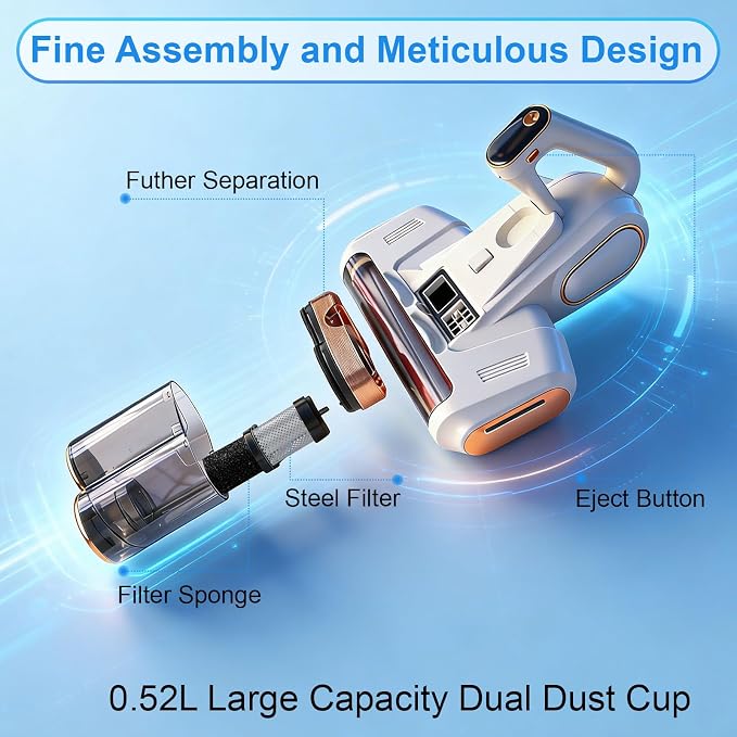 Cordless Mattress Vacuum Cleaner with UV-C Light - Advanced Dust Removal & Deep Cleaning Technology for Beds, Sofas, Carpets, Pet Hair and Household Dust, Handheld sofa Vacuum Cleaner for Home Use