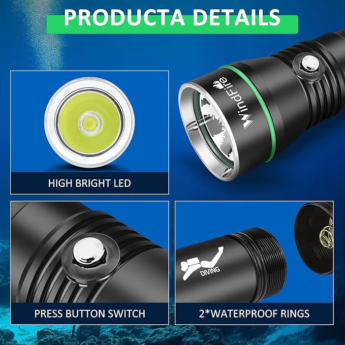 WINDFIRE Rechargeable Scuba Diving Flashlight, Super Bright LED Dive Light, IPX8 Waterproof 60M Underwater Flashlight with 3 Modes for Snorkeling & Cave Diving