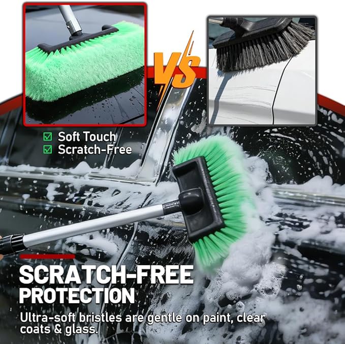 RV Wash Brush (65 in) - Flow-Thru Camper Washing Mop with Soft Bristles - Extendable Pole for Travel Trailer, Motorhome, Siding & High Windows - Includes Detail Brushes (Green)