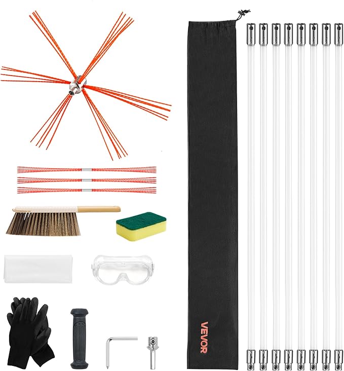 VEVOR Chimney Sweep Kit, 26 ft Maximum Extendable Length Chimney Brush, Chimneys Cleaning Kit with Bristle Replacements & Goggles, 90° Bendable Fireplace Cleaning Tool, for Square, Rectangle Chimneys