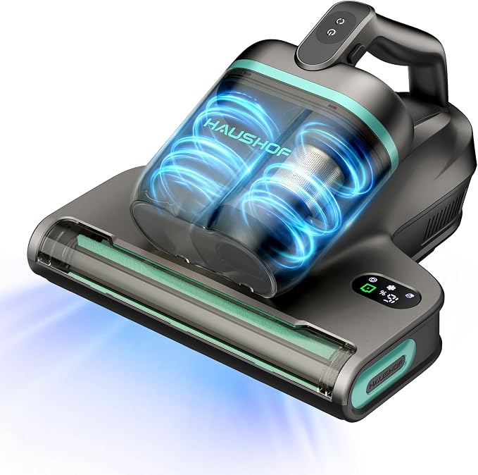 HAUSHOF Cordless Mattress Vacuum Cleaner, Bed Vacuum Cleaner with 275nm UVC Light, 17kPa, 140°F Heat, H12 HEPA Filter, 16.9oz Dual Cup, Vacuum for Couch, Bed, Furniture, Mattress Cleaning