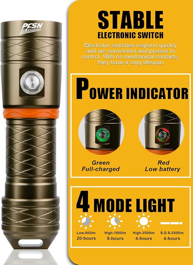 PFSN Dive Light 3500 Lumens, Underwater 150M Waterproof Diving Flashlight, 485M Long Range Narrow Beam, 20Hrs Runtime, Safety Lock Switch, Rechargeable LED Dive Torch for Deep Sea Caving, Snorkeling