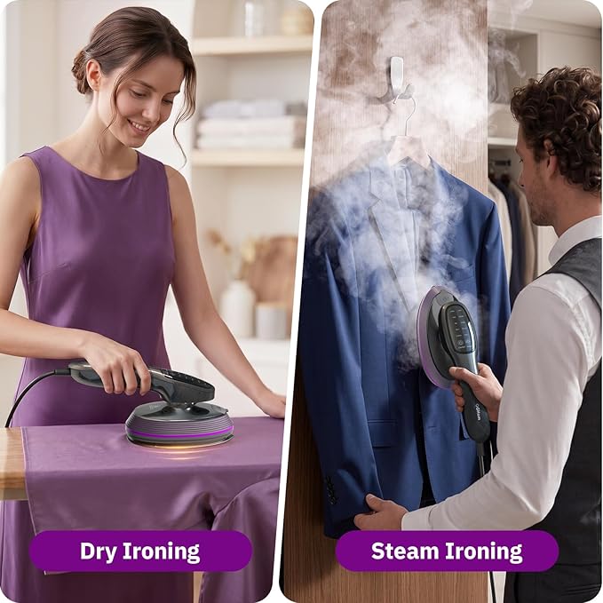 OGHom 2-in-1 Steamer & Iron for Clothes, 120V Handheld Clothes Steamer Iron, 1200W Fast Heat in 20s, Quick Wrinkle Removal 10 Adjustable Levels for Delicate to Thick Fabrics - RosePink