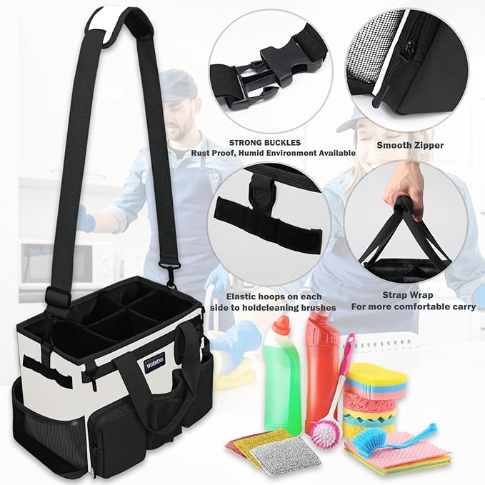 Wearable Cleaning Caddy Bag,Cleaning Supply Tote for Cleaning Supplies, Cleaning Organizer with Adjustable Shoulder and Waist Straps for Cleaners Housekeepers (Black-White, Large)