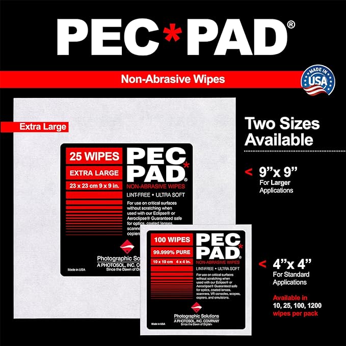 PEC-PAD Lint Free Wipes 4”x4” Non-Abrasive Ultra Soft Cloth for Cleaning Sensitive Surfaces like Camera, Lens, Filters, Film, Scanners, Telescopes, Microscopes, Binoculars. (100 Sheets Per/Pkg) 2-Pack