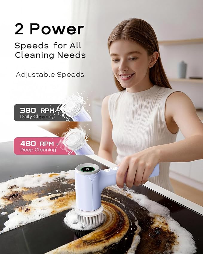 PUFTEM Upgraded Electric Spin Scrubber, Powerful Cordless Shower Scrubber with 4500mAh Large Battery & Speed Display, 6 Replaceable Brush Heads, Cleaning Brush for Bathroom Tile Tub Floor (Purple)