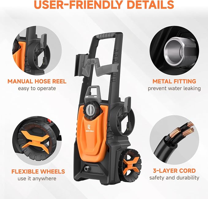 Giraffe Tools Pressure Washer, Max 2400 PSI, 2.3 GPM Electric Power Washer with 4 Quick-Connect Nozzles, Foam Cannon for Cars/Patios/Driveways/Fences, 20 ft