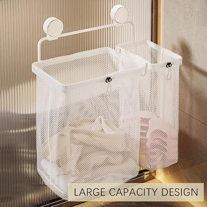 Suction Cup Mesh Laundry Hamper Wall Mounted Collapsible Clothes Organizer Removable Storage Bags for Bathroom Lavatory