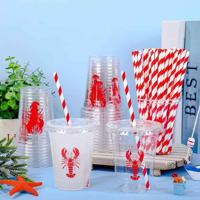 FYSUIMU 50Pcs 12 Oz Crawfish Plastic Cups with Lids & Straws Summer Crayfish Disposable Cup Red Lobster Clear Drinking Cups for Seafood Boil Theme Birthday Baby Shower Party Supplies