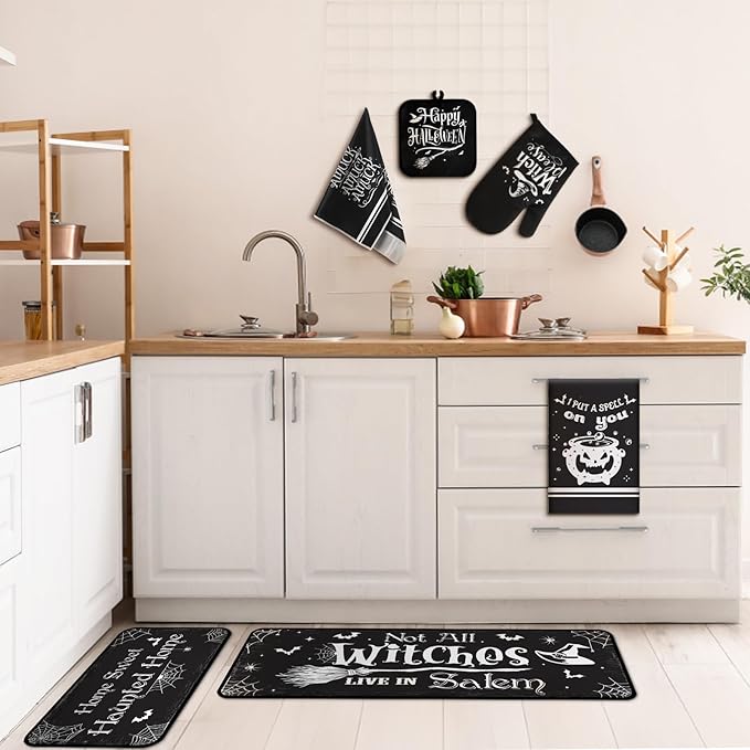 Fanfanwin 10 Pcs Halloween Kitchen Decor Set Witch Kitchen Towels and Rugs Pot Holders Oven Mitts Set for Home Cooking Dish Baking Decorative