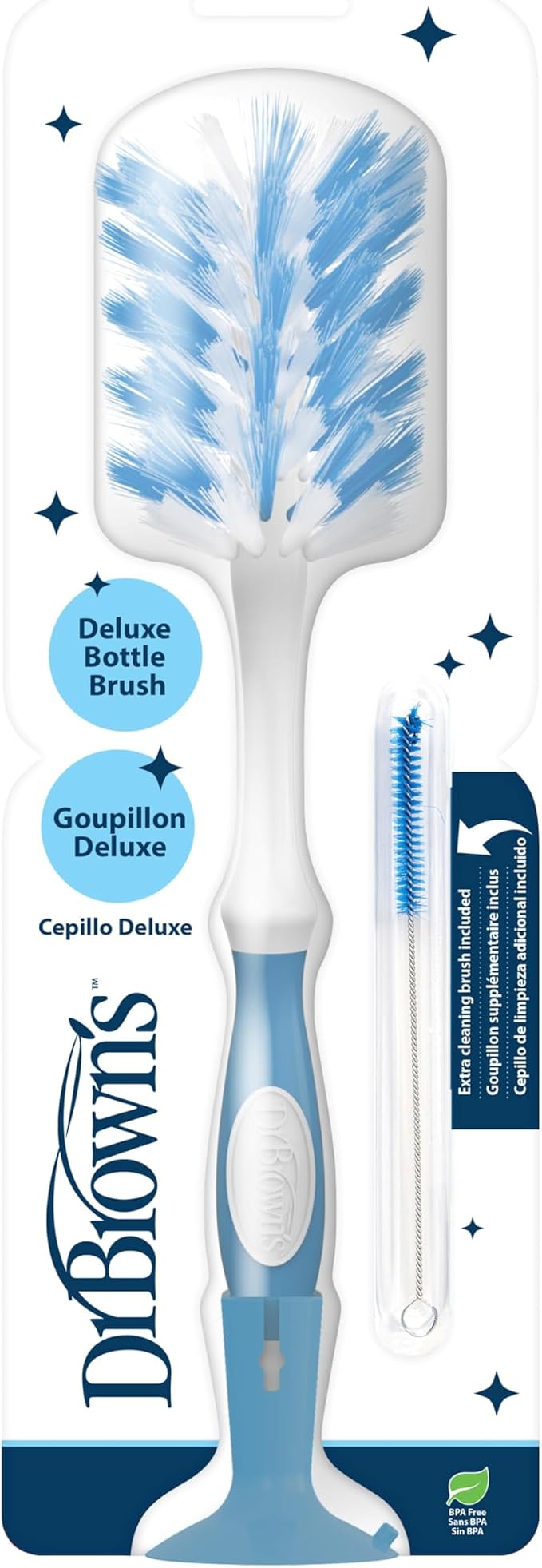 Dr. Brown's Deluxe Bottle Brush for Cleaning Baby Bottles, Nipples, and Sippy Cups with Suction Cup Stand and Vent Brush, BPA-Free, Blue, 1-Pack (Packaging and Color May Vary)