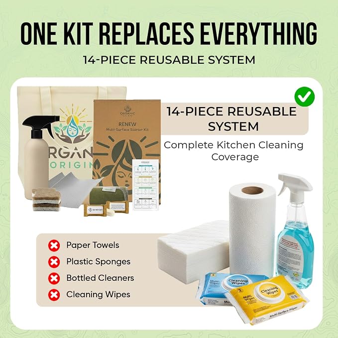Organic Origin Kitchen Cleaning Supplies Kit - 14 Piece Set with Reusable Paper Towels, Plant-Based Sponges, Swedish Dishcloths, Dish Towels, Cleaner Tablets & Spray Bottle Cleaning Essentials