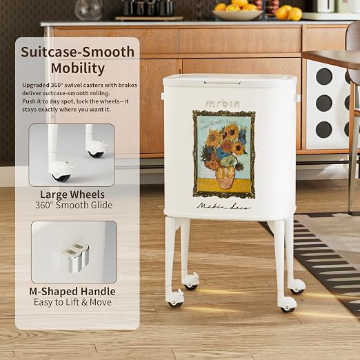 MRBIN 23L Art Decor Trash Can with Wheels, Press-to-Open Lid, Tall Standing Garbage Bin with Lockable Casters, Metal Waste Basket for Kitchen, Living Room, Bedroom, Cream White