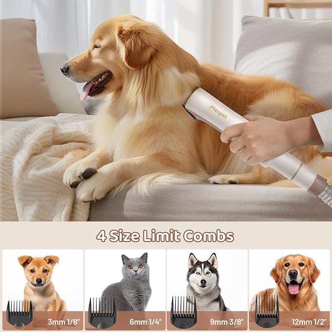 Mavpet 3.2L Dog Grooming Kit & Vacuum Suction, 3 Level Pet Hair Vacuum Groomer with Clippers for Thick Coats, 6 Shedding Grooming Tools for Dogs Cats
